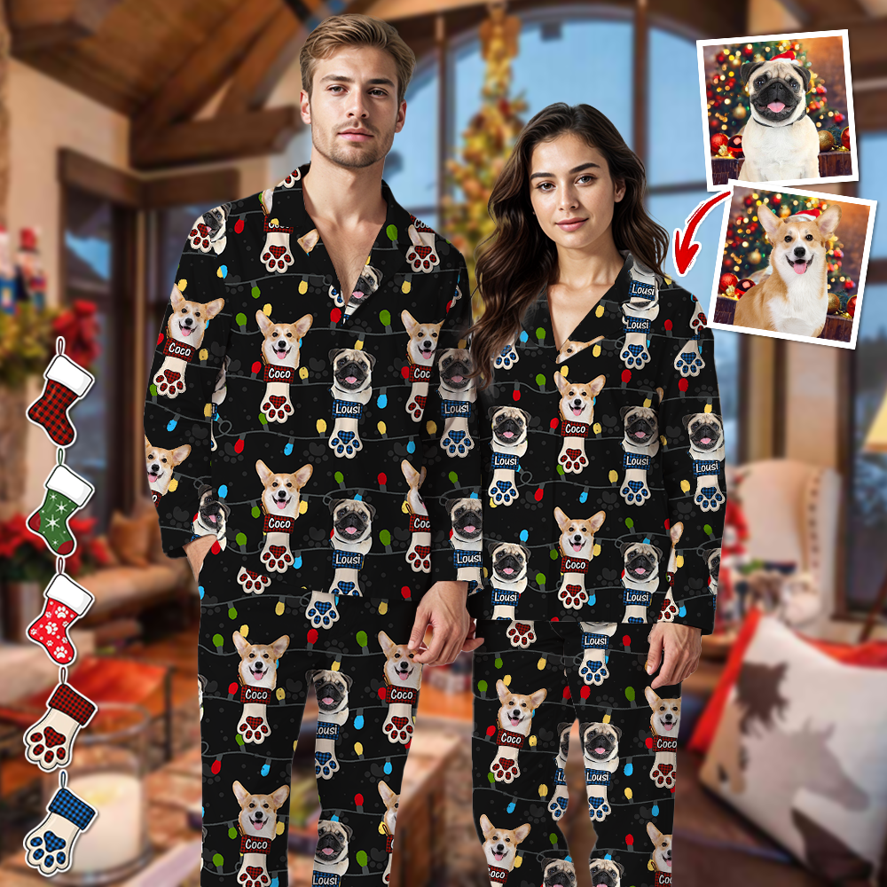 Custom Face Photo With Christmas Light Pajamas - Family Pajamas Set - Matching Christmas Lights Pattern