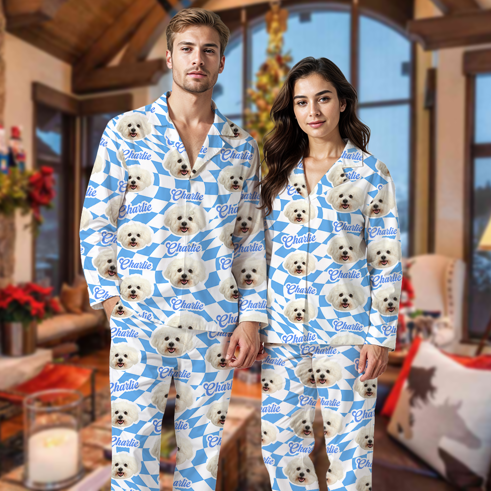 Custom Vans Checker Pattern in Christmas Pajamas Set - Personalized Matching Pajama Set for Couple