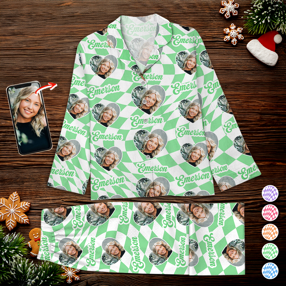 Custom Vans Checker Pattern in Christmas Pajamas Set - Personalized Matching Pajama Set for Couple