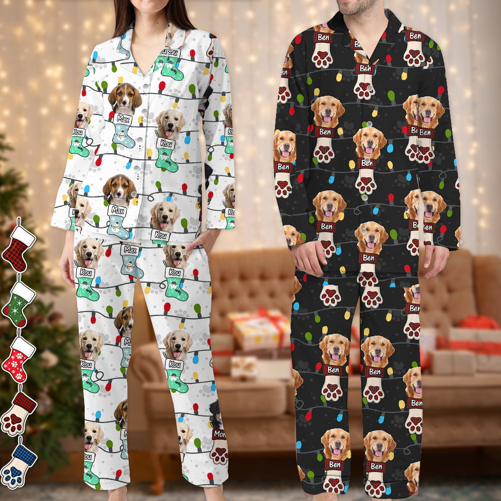 Custom Face Photo With Christmas Light Pajamas - Family Pajamas Set - Matching Christmas Lights Pattern