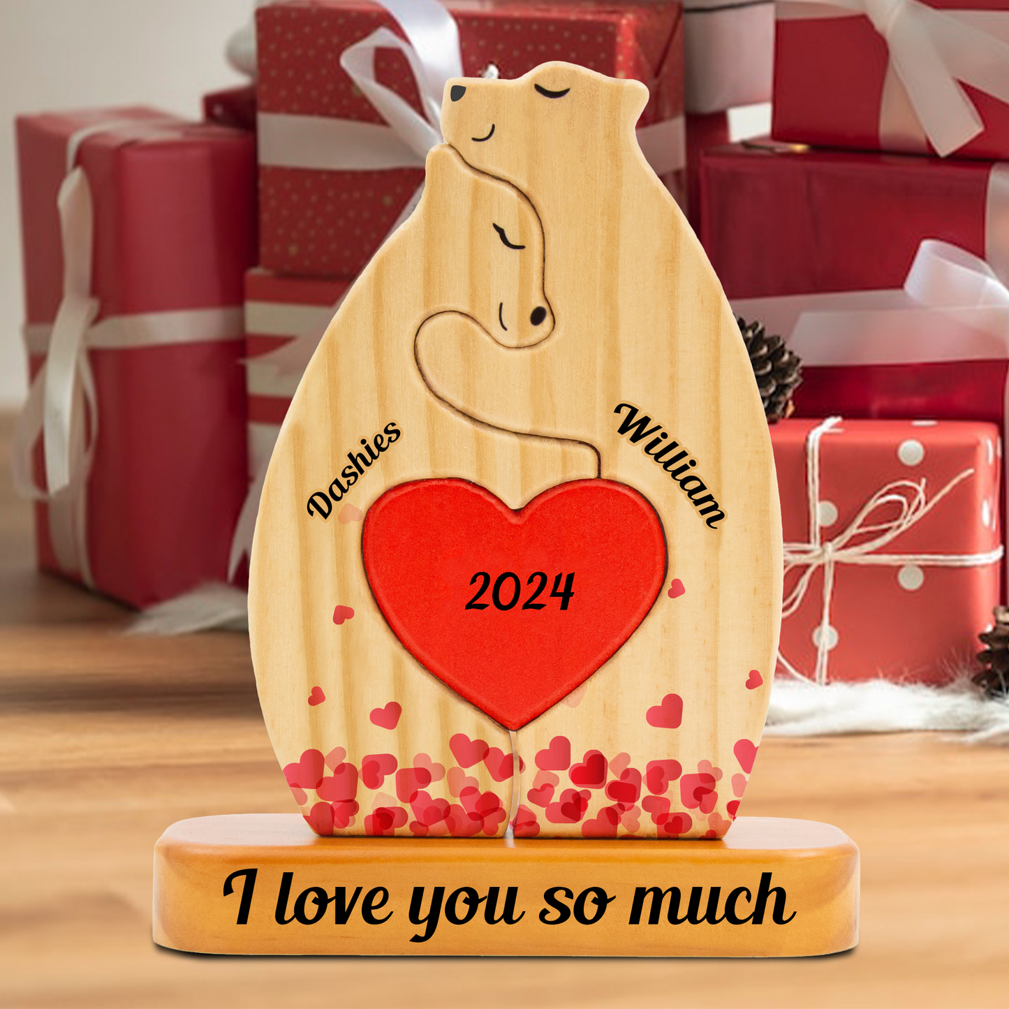 Heart Personalized Wooden Bears Family, Bear Shaped Wood Puzzle with Custom Name- Gift for Valentine's Day, Christmas