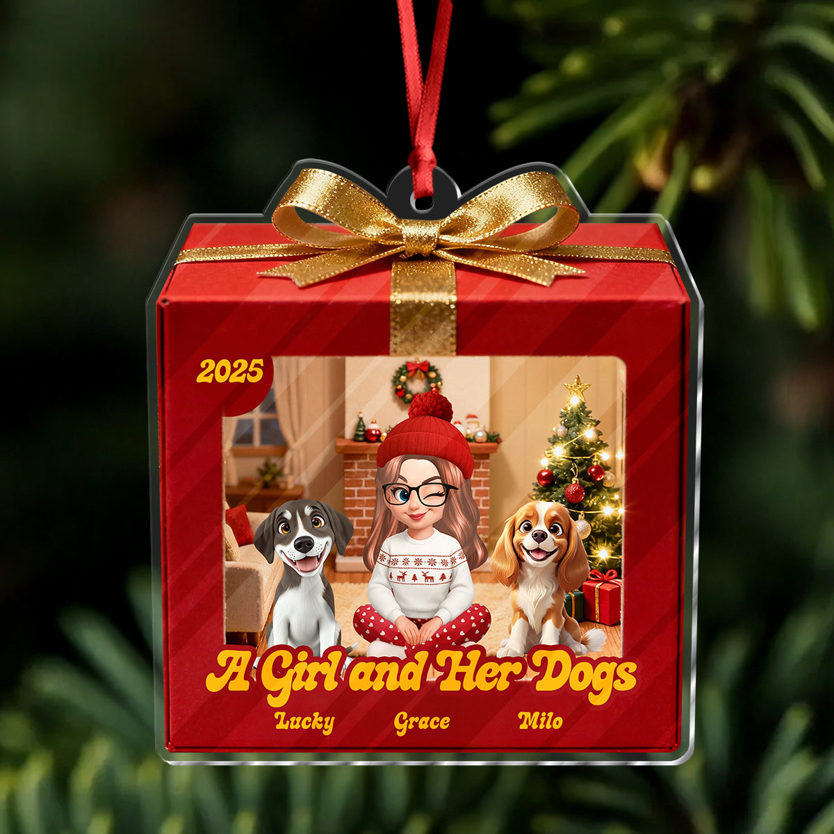 A Girl And Her Dogs - Personalized Custom Acrylic Ornament