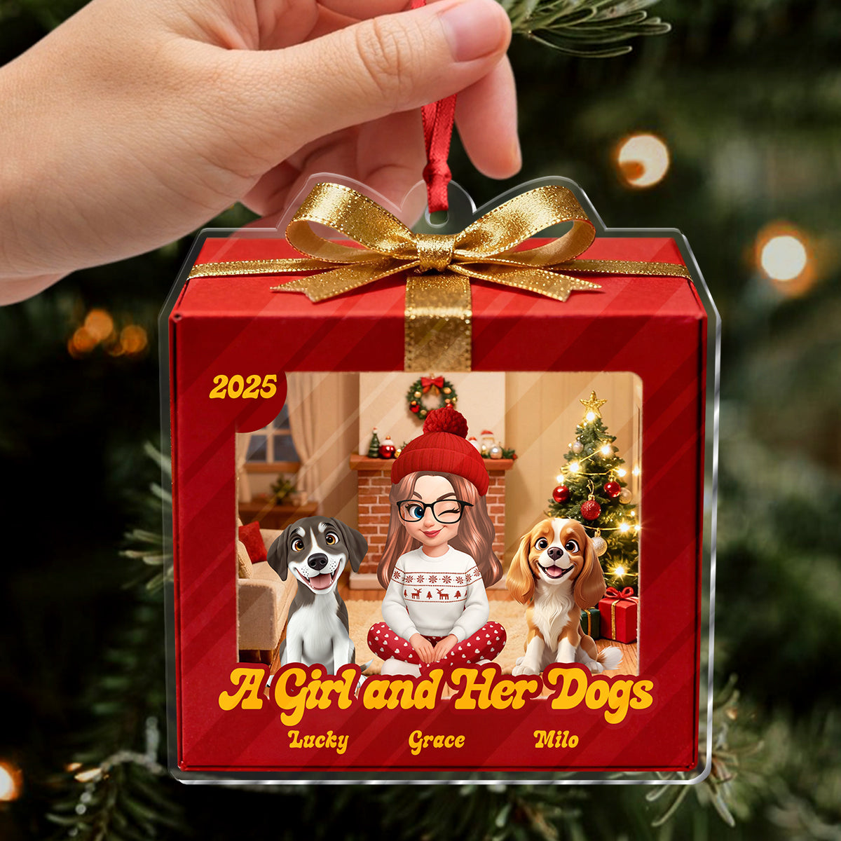 A Girl And Her Dogs - Personalized Custom Acrylic Ornament