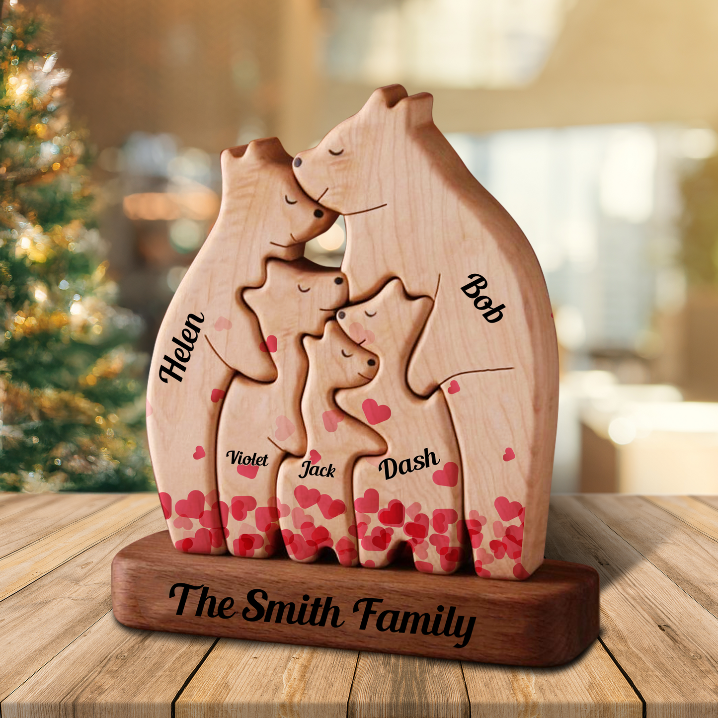 Heart Personalized Wooden Bears Family, Bear Shaped Wood Puzzle with Custom Name- Gift for Valentine's Day, Christmas