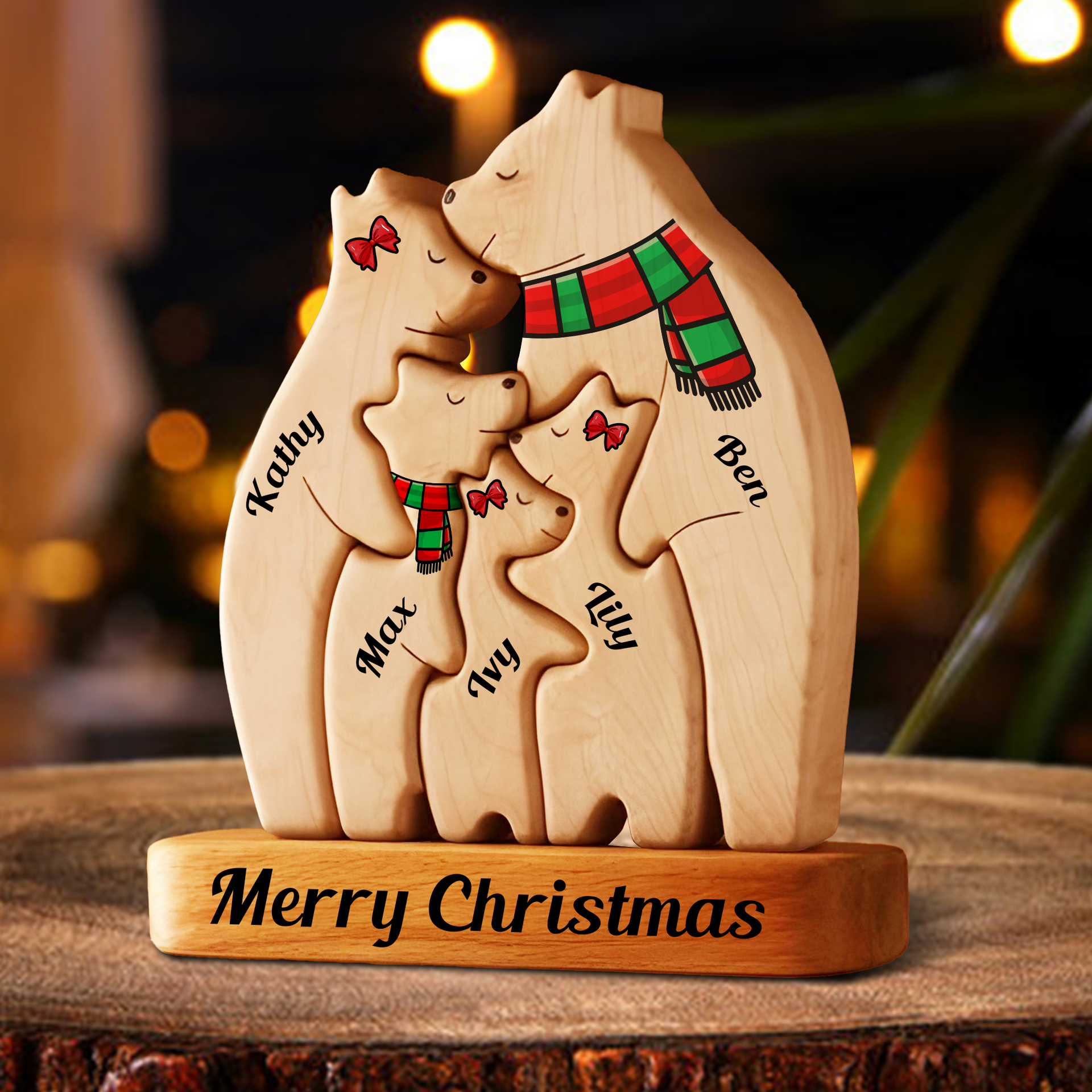 Personalized Wooden Bear Family Puzzle, Wooden Bear With Scarf