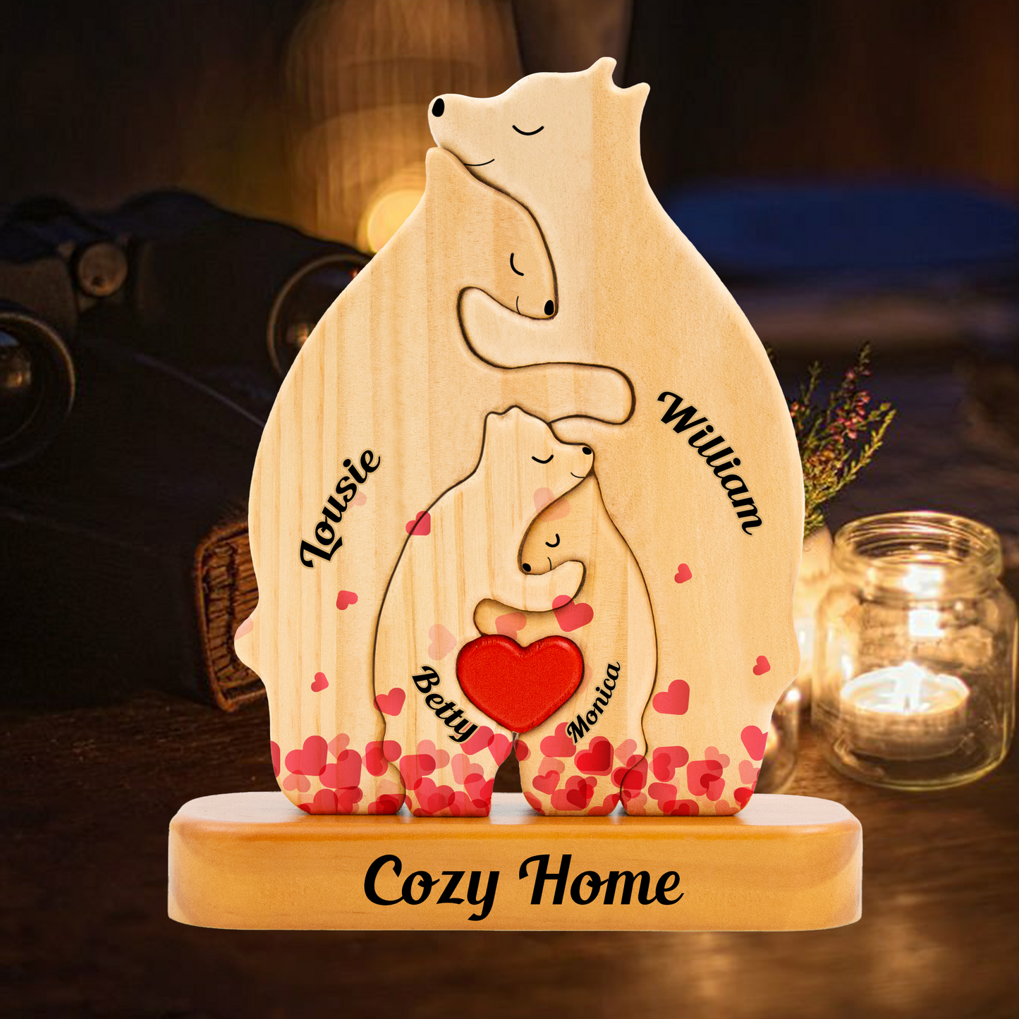 Heart Personalized Wooden Bears Family, Bear Shaped Wood Puzzle with Custom Name- Gift for Valentine's Day, Christmas