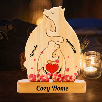 Heart Personalized Wooden Bears Family, Bear Shaped Wood Puzzle with Custom Name- Gift for Valentine's Day, Christmas