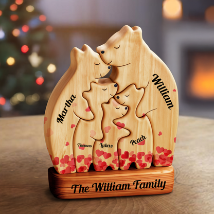 Heart Personalized Wooden Bears Family, Bear Shaped Wood Puzzle with Custom Name- Gift for Valentine's Day, Christmas