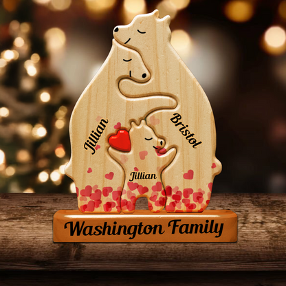 Heart Personalized Wooden Bears Family, Bear Shaped Wood Puzzle with Custom Name- Gift for Valentine's Day, Christmas