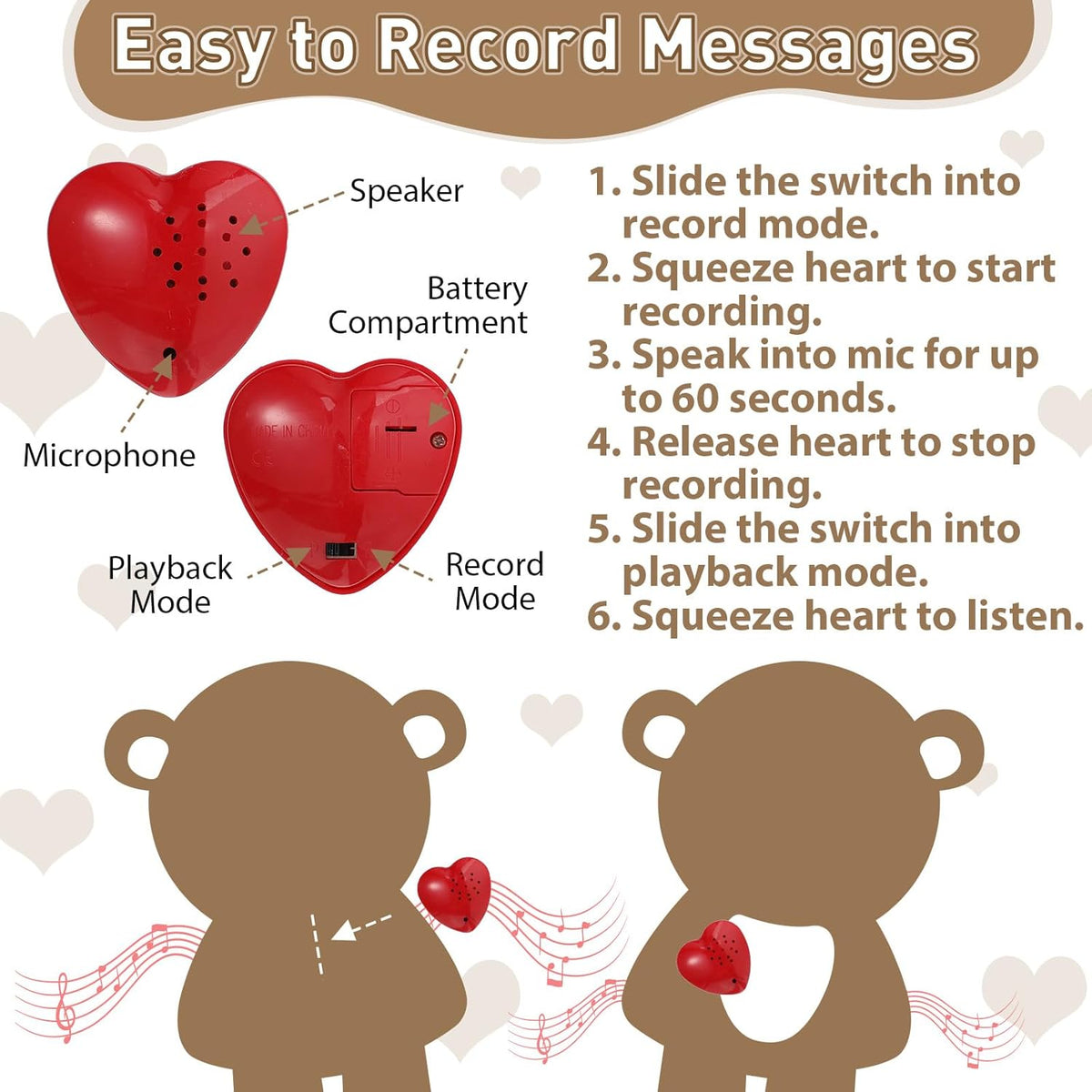 2" Heart Shaped Voice Sound Recorder 10 Seconds  (Battery not Included, Not built-in)
