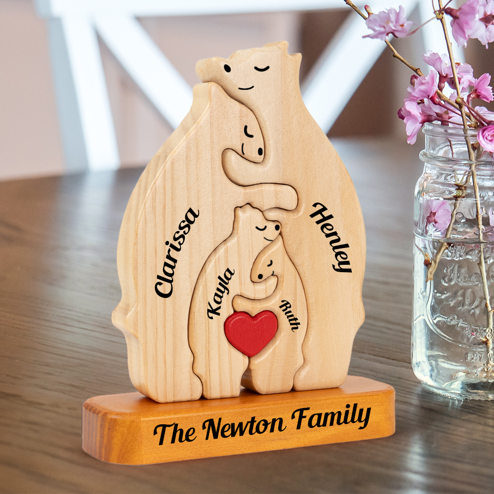 Personalized Wooden Bears Family With Hearts - Puzzle Wooden Bears Family - Wooden Pet Carvings