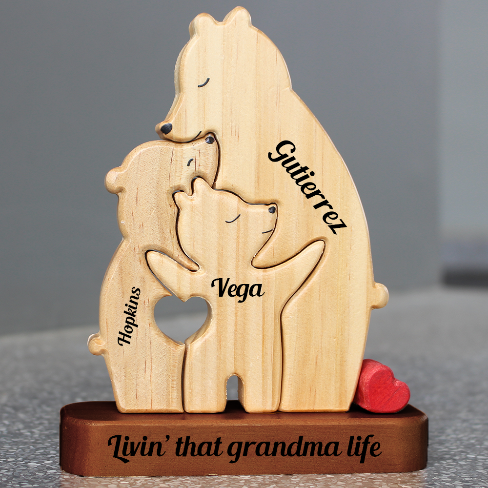 Personalized Single Parent Family With Stand - Puzzle Wooden Bear Family - Wooden Pet Carvings