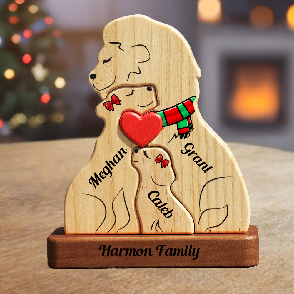 Personalized Lion Family Puzzle - Wooden Lion with Christmas Scarf - Christmas Family Keepsake Gifts