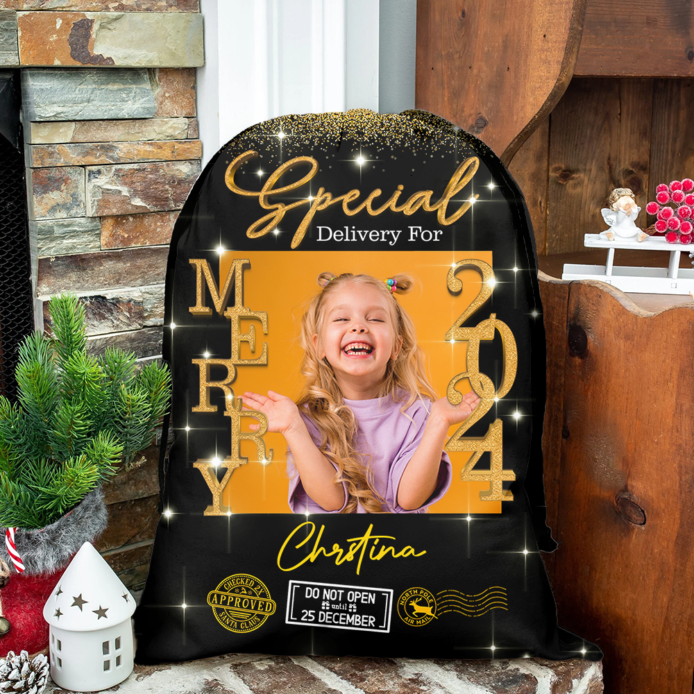 Personalized Glitter Santa Christmas Sack - Special Delivery Gift Bag - Custom Name Photo Christmas Eve Box