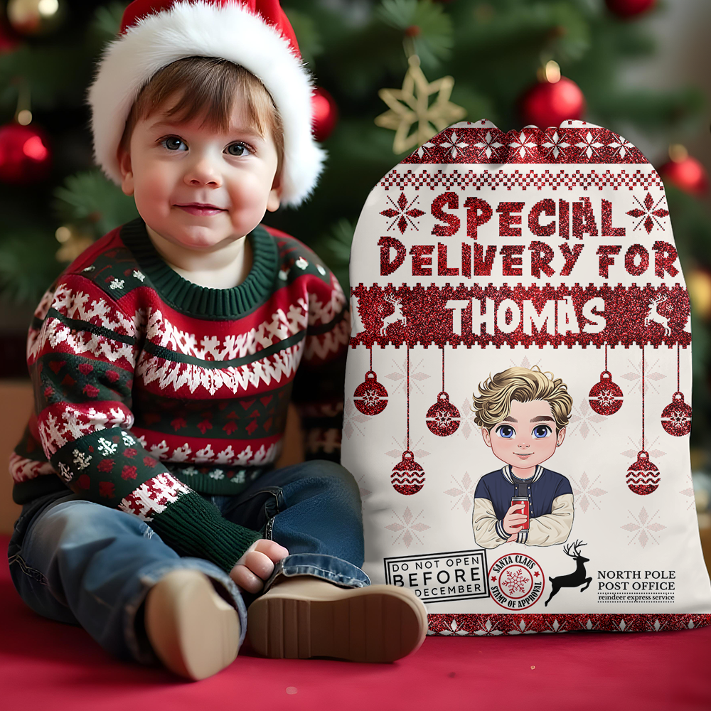 Glitter Special Delivery Santa Sack - Christmas Gift Bag for Kids and Adults and pet - Christmas Gift Bag