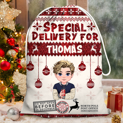 Glitter Special Delivery Santa Sack - Christmas Gift Bag for Kids and Adults and pet - Christmas Gift Bag