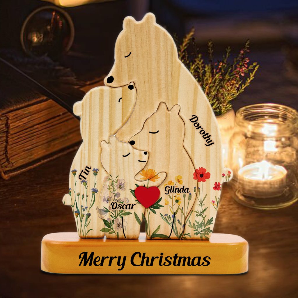 Flower Single Parent Family With Stand - Puzzle Wooden Bear - Christmas Wooden Pet Carvings