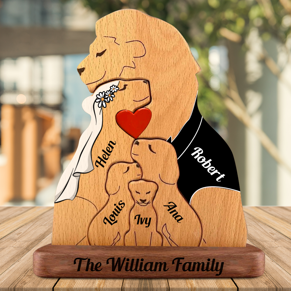 Custom Style Personalized Lion Wooden Family - Puzzle Wooden Family - Wooden Pet Carvings