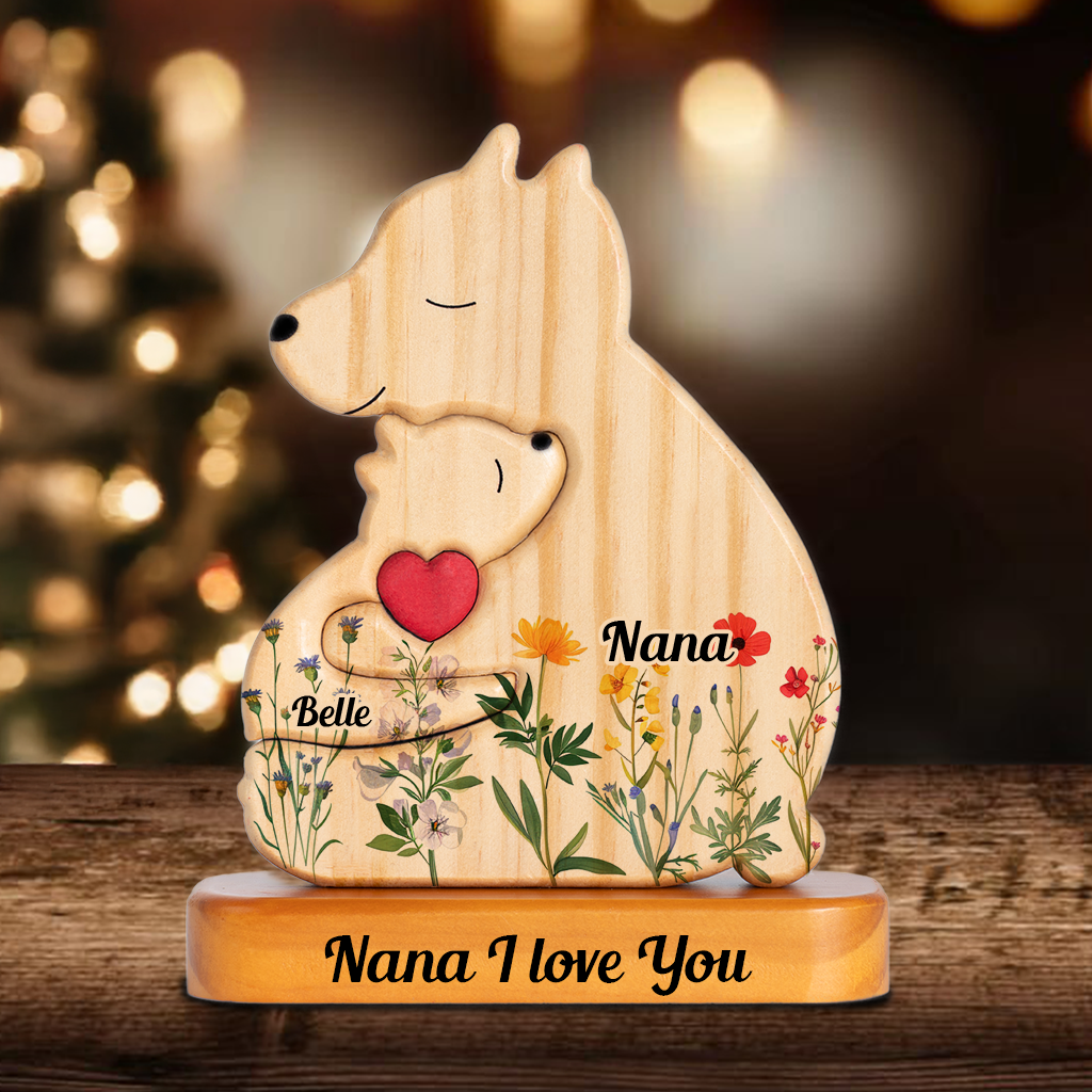 Flower Single Parent Family With Stand - Puzzle Wooden Bear - Christmas Wooden Pet Carvings
