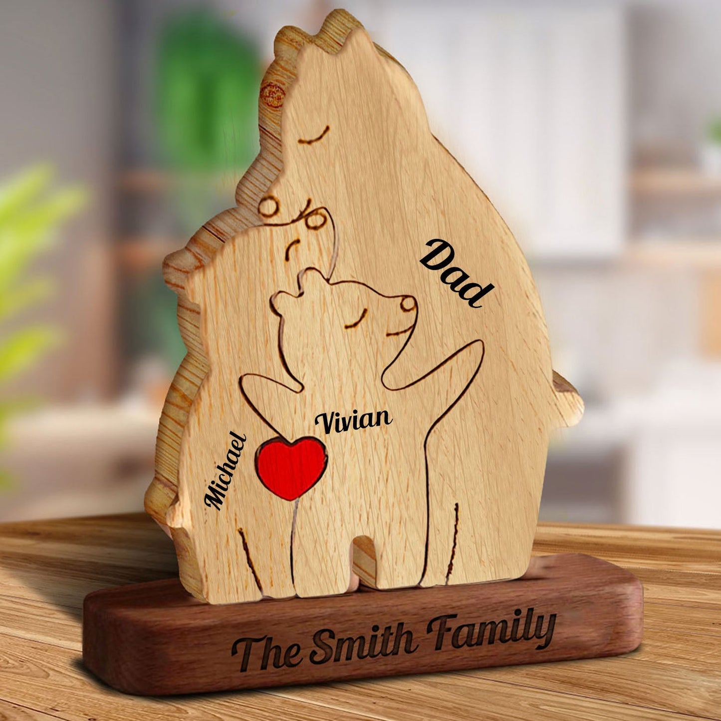Personalized Single Parent Family With Stand - Puzzle Wooden Bear Family - Wooden Pet Carvings