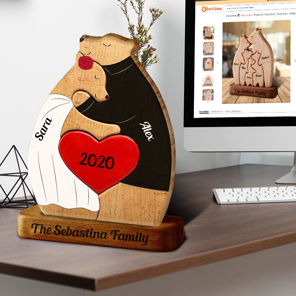 Anniversary Personalized Wooden Bears Couple - Puzzle Wooden Bears Family - Wooden Pet Carvings