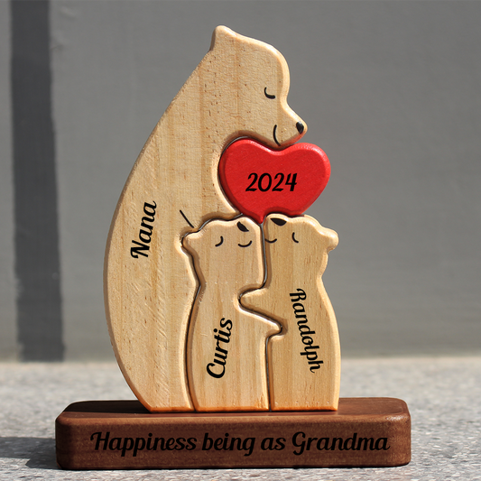 Personalized Single Parents Ver 2 Family With Stand - Puzzle Wooden Bear Family - Wooden Pet Carvings
